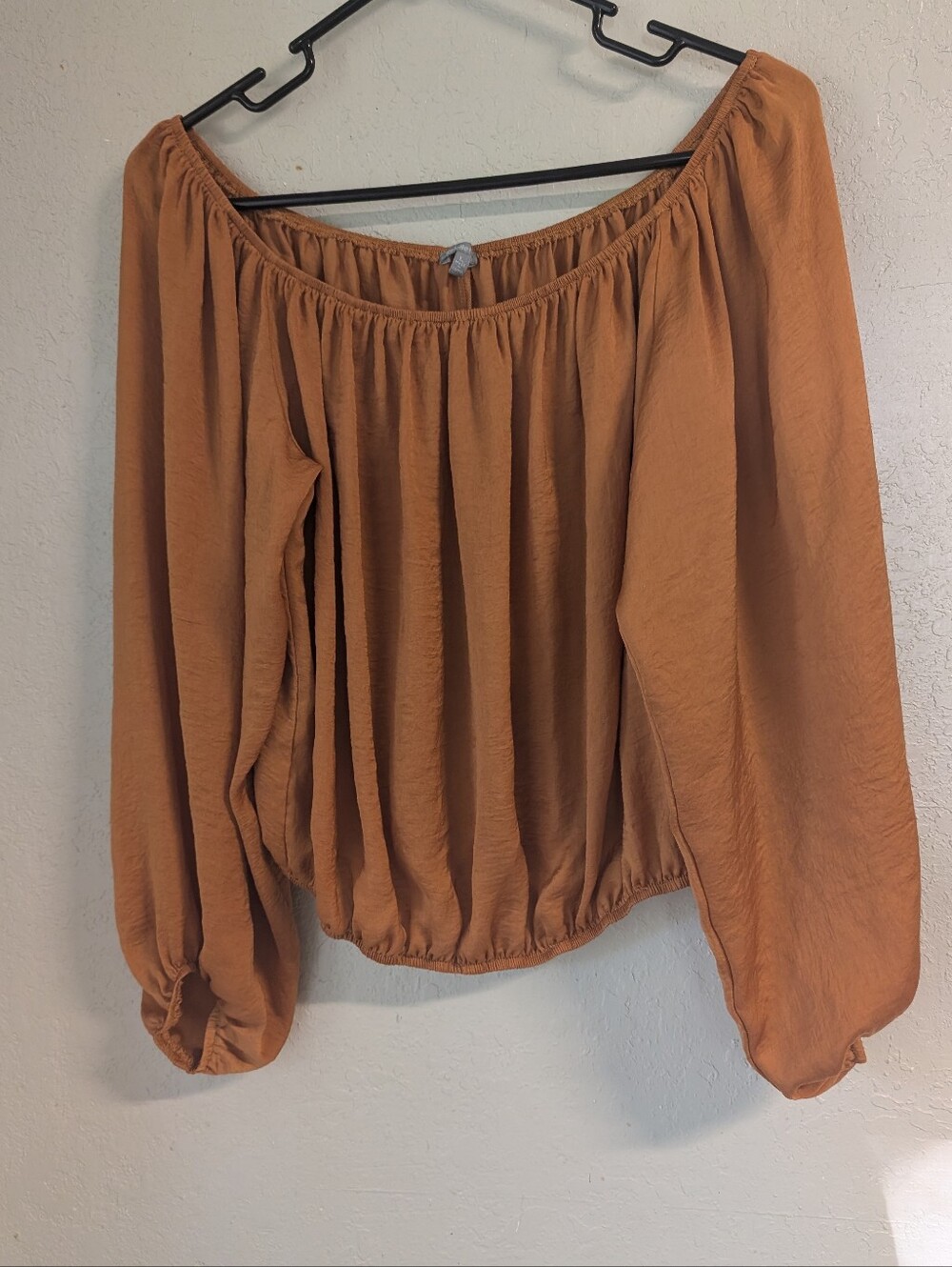 Burnt Orange Off Shoulder Peasant Top L Stretch Festival Forest Fairy Boho Puff